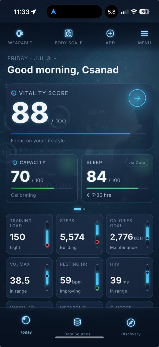 A Vitality Tracker mobilalkalmazás főképernyője a Vitality-pontszámmal és napi biomarkerekkel